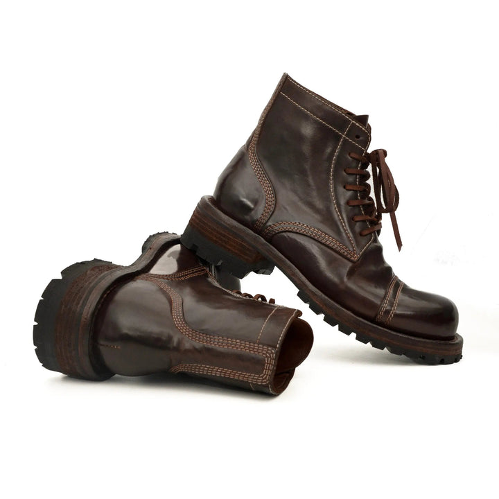 Dark Brown Cap-Toe Horse Butt Leather Ankle Boots