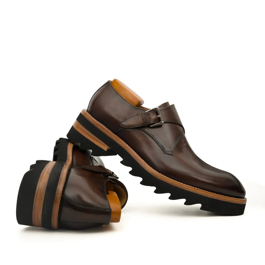 Dark Brown Plain-Toe Cow Leather Monk Shoes