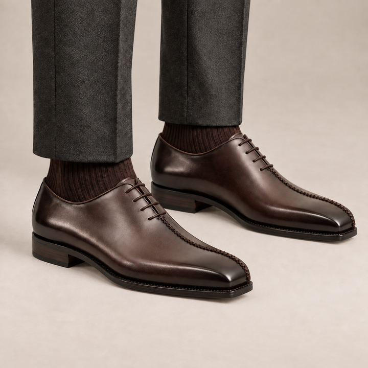 Dark Brown Plain-Toe Cow Leather Oxford Shoes