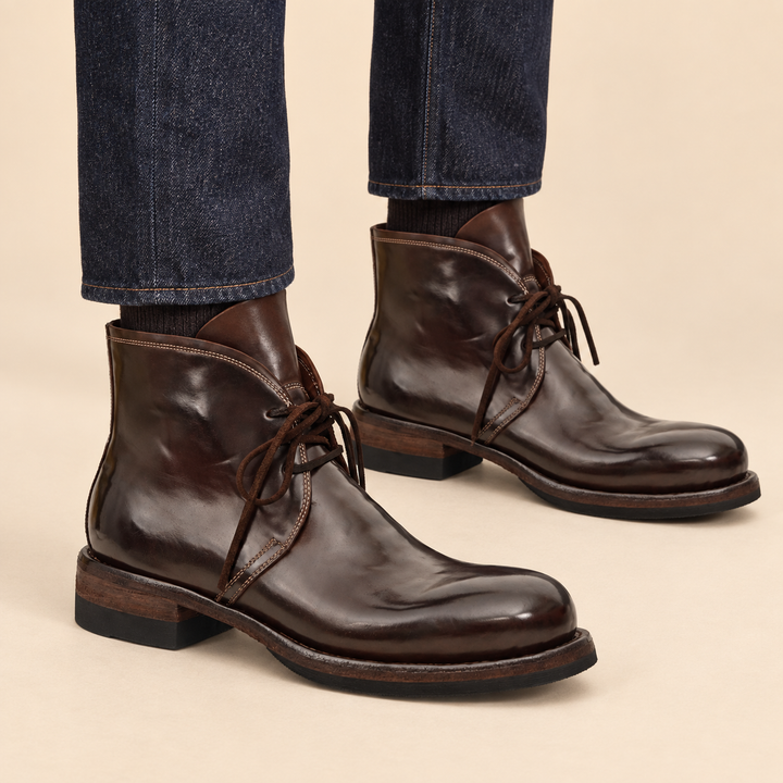 Dark Brown Plain-Toe Horse Butt Leather Ankle Boots