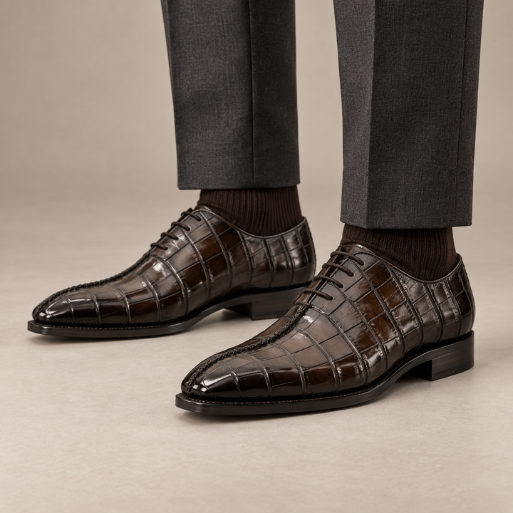 Dark Brown Square-Toe Crocodile Leather Oxford Shoes