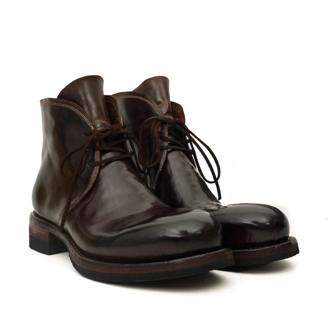 Dark Brown Plain-Toe Horse Butt Leather Ankle Boots