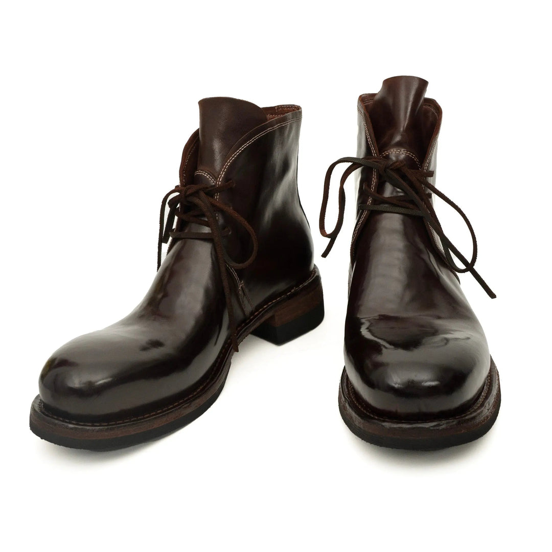 Dark Brown Plain-Toe Horse Butt Leather Ankle Boots