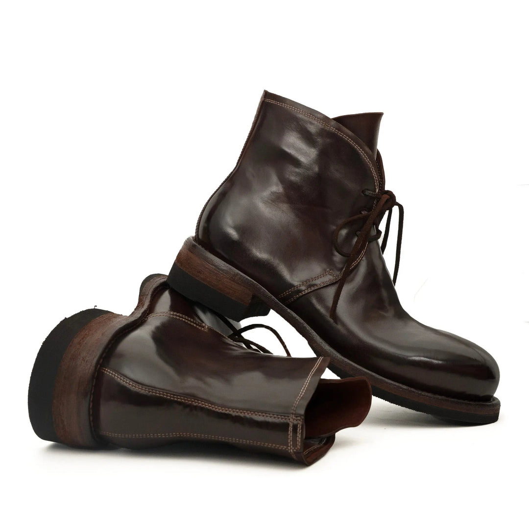 Dark Brown Plain-Toe Horse Butt Leather Ankle Boots