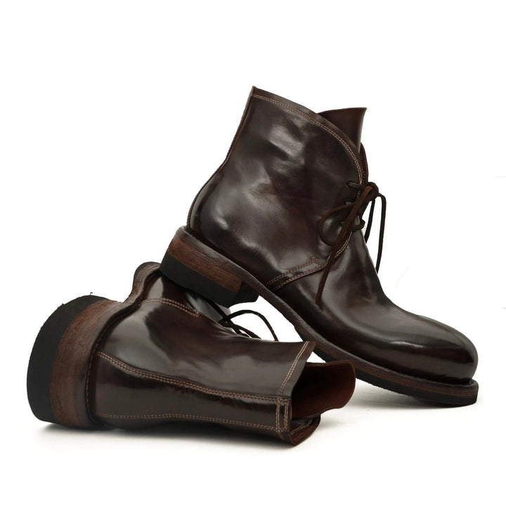 Dark Brown Plain-Toe Horse Butt Leather Ankle Boots