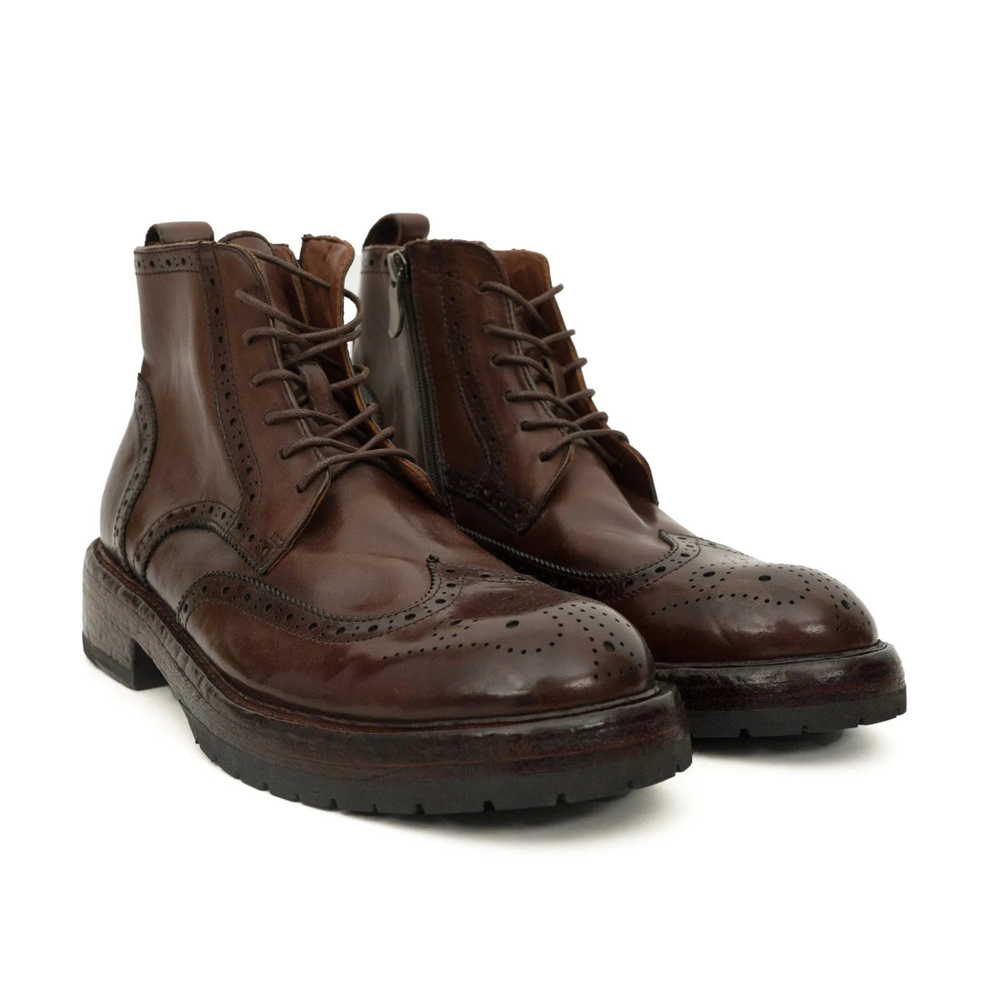Brown Wingtip Cow Leather Ankle Boots