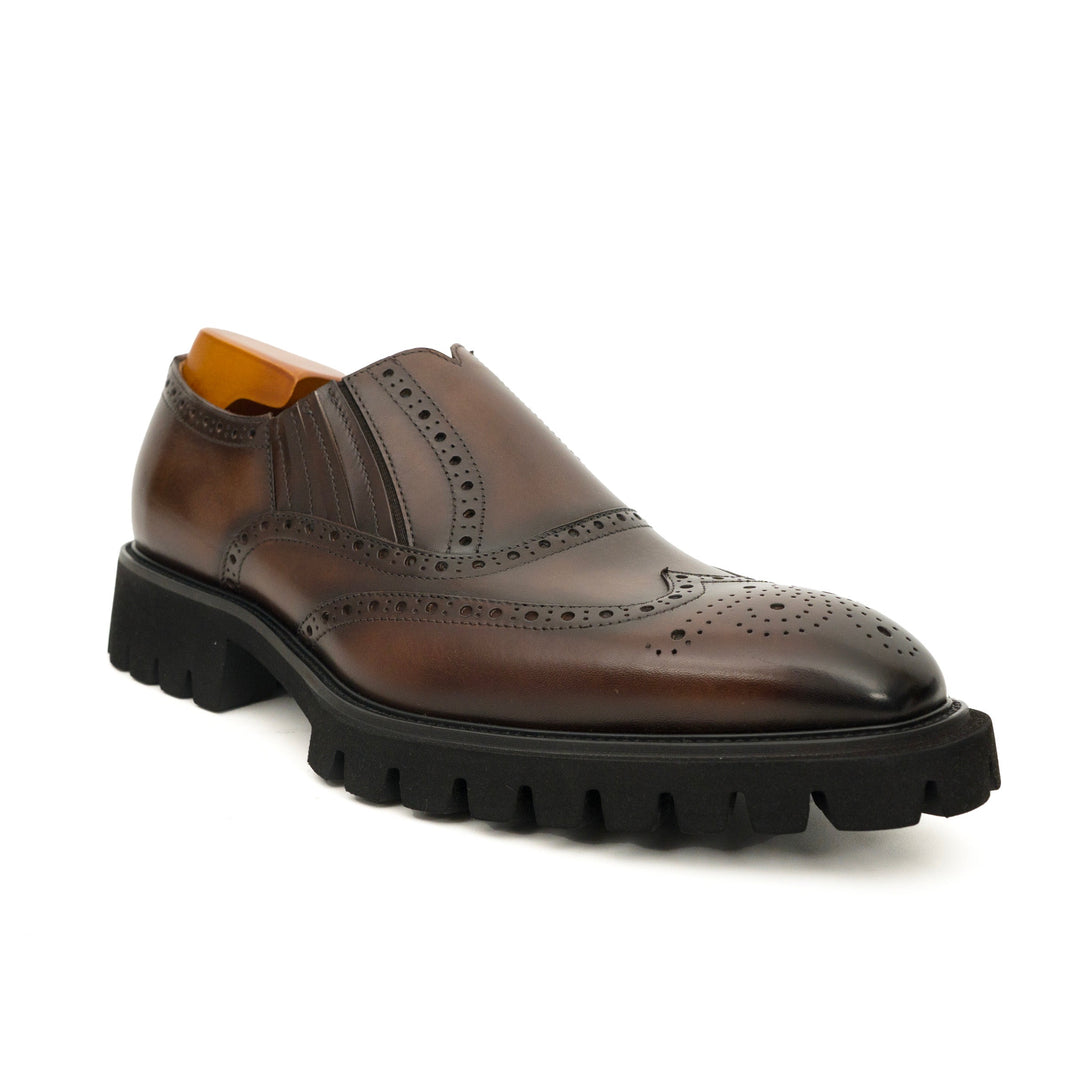 Dark Brown Wingtip Cow Leather Slip-On Shoes