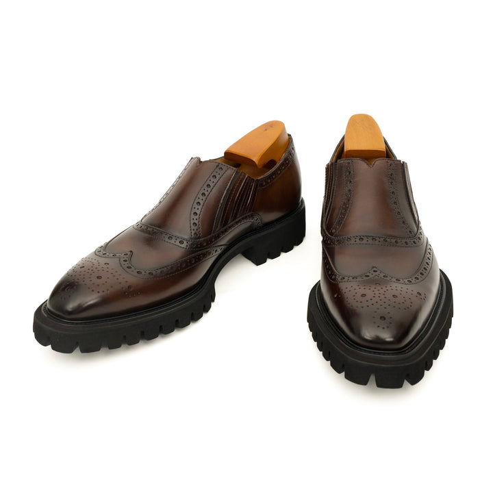 Dark Brown Wingtip Cow Leather Slip-On Shoes