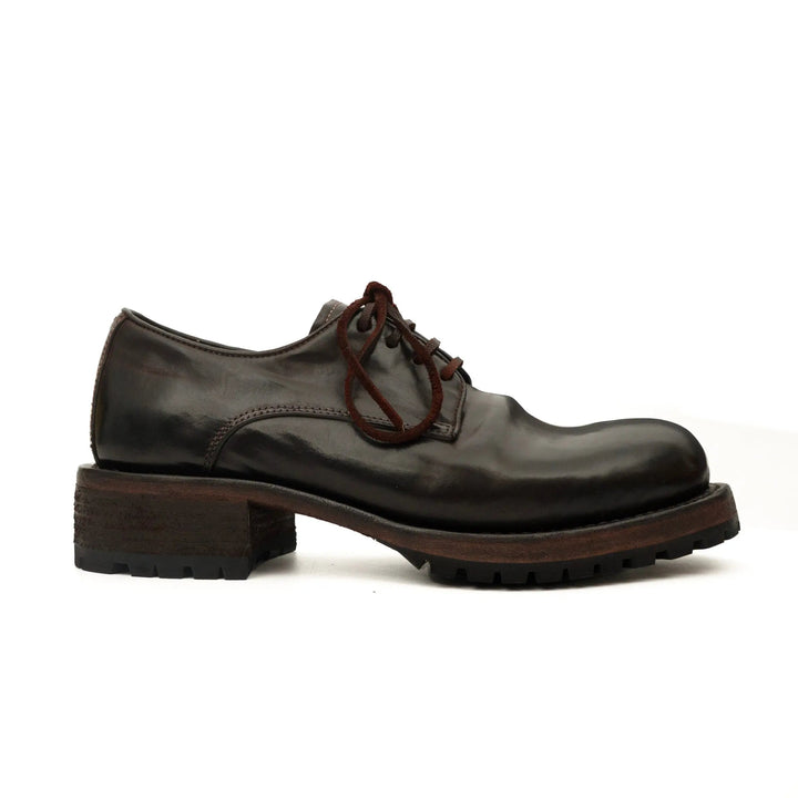 Dark Brown Plain-Toe Horse Butt Leather Derby Shoes