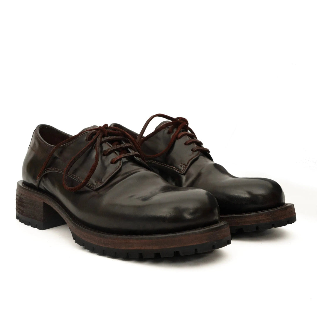 Dark Brown Plain-Toe Horse Butt Leather Derby Shoes