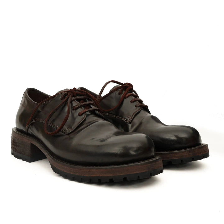 Dark Brown Plain-Toe Horse Butt Leather Derby Shoes