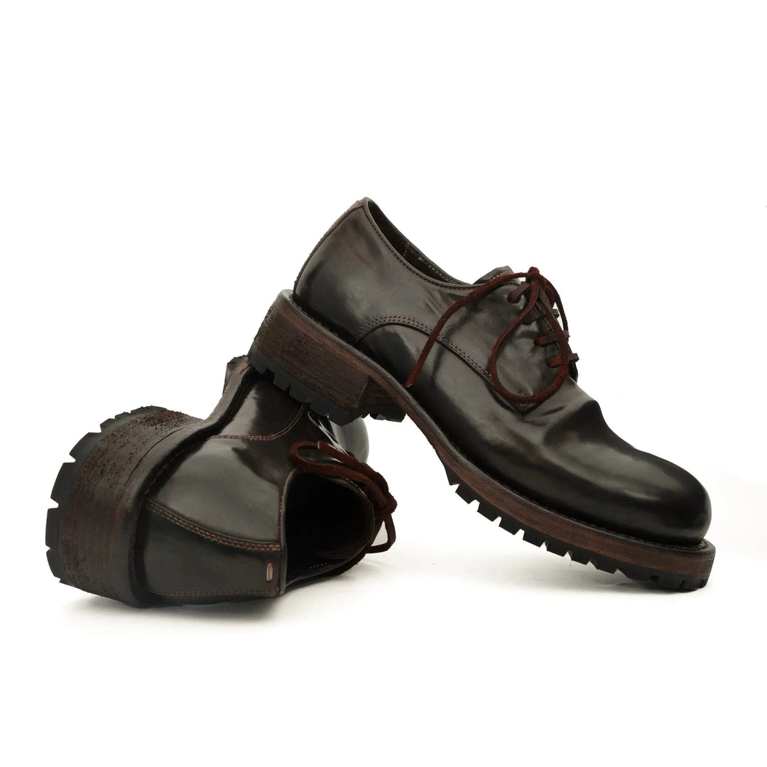 Dark Brown Plain-Toe Horse Butt Leather Derby Shoes