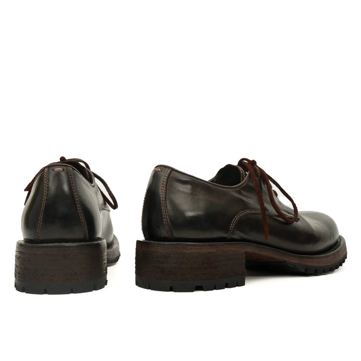 Dark Brown Plain-Toe Horse Butt Leather Derby Shoes