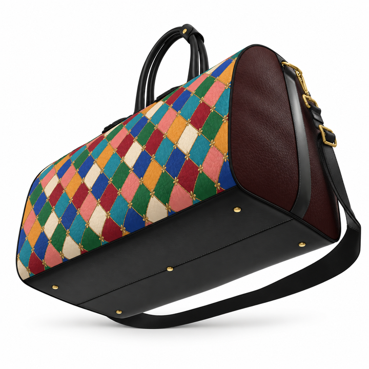 S7 Harlequin Royale Jewel Mosaic leather duffle bag with multicolor diamond print, gold-tone details, burgundy side panels, and black handles.
