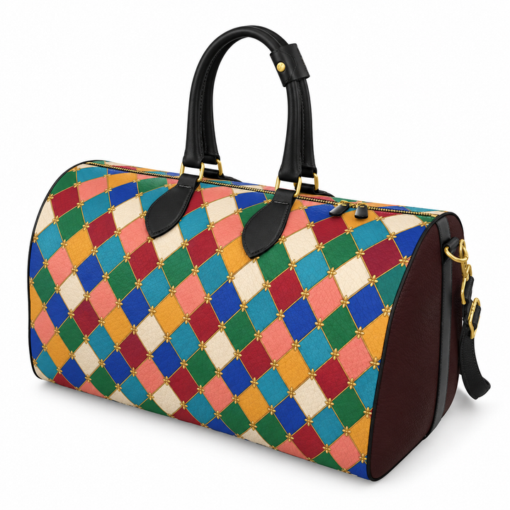 S7 Harlequin Royale Jewel Mosaic leather duffle bag with multicolor diamond print, gold-tone details, burgundy side panels, and black handles.