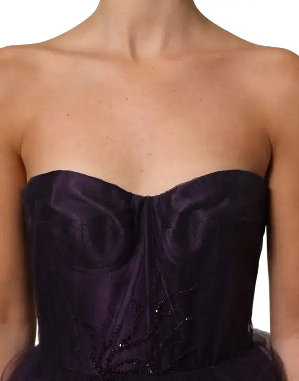 Dolce & Gabbana Purple Tiered Tulle Silk Long Gown Dress with elegant layered tulle skirt and strapless silhouette