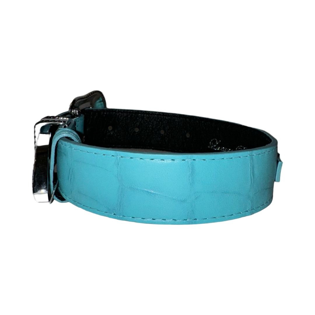 The Tiffany Collection. Gorgeous Turquoise Blue Embossed Croc Italian Leather/Custom Silver Swarovski Crystal Hardware Collar.