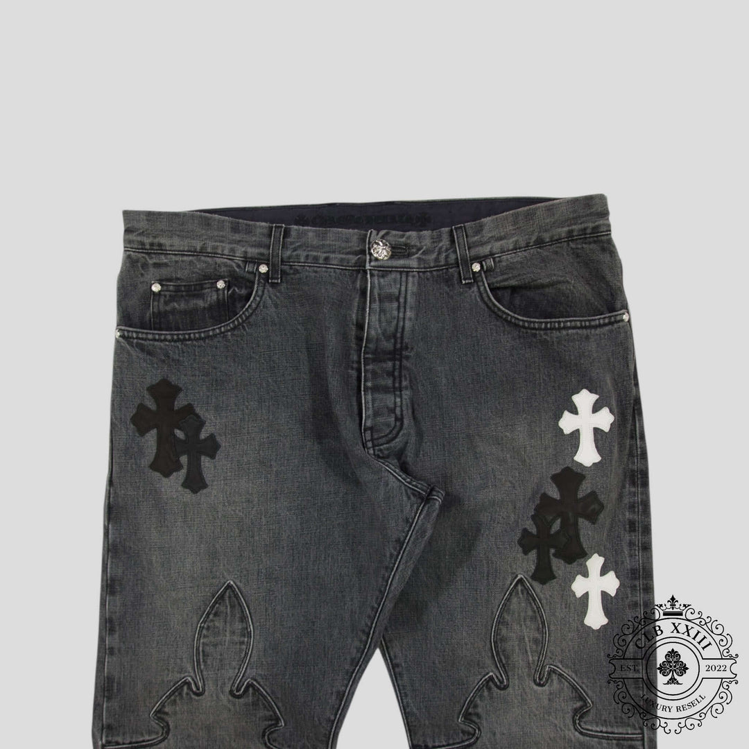 Explore the rare Chrome Heart Fleur Knee Denim in Black/White, a must-have for luxury denim jeans enthusiasts.
