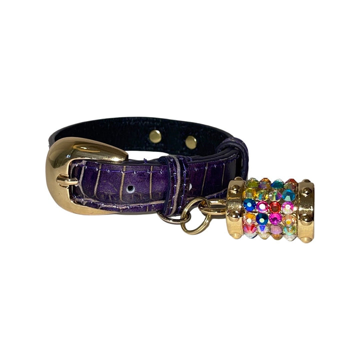 XS 7”-14” Purple/Gold Embossed Croc Italian Leather Collar/Custom Gold Oval Italian Hardware &amp; Swarovski Crystal Charm