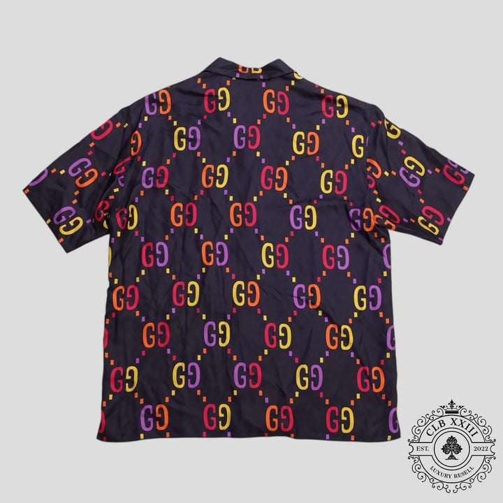 Gucci Jumbo GG Silk Button Up Shirt in Navy Blue/Multicolor