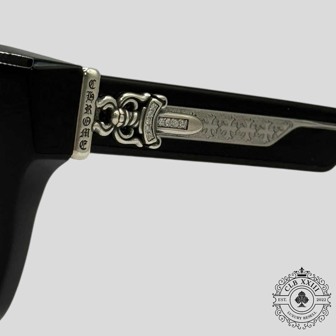 Chrome Hearts Diamond Embellished Box Officer Sunglasses in Black/Silver