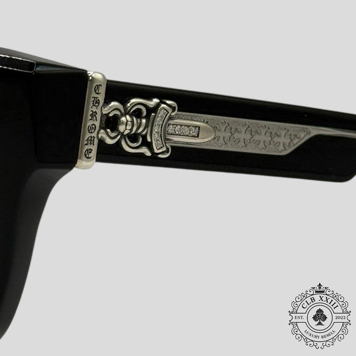 Chrome Hearts Diamond Embellished Box Officer Sunglasses in Black/Silver