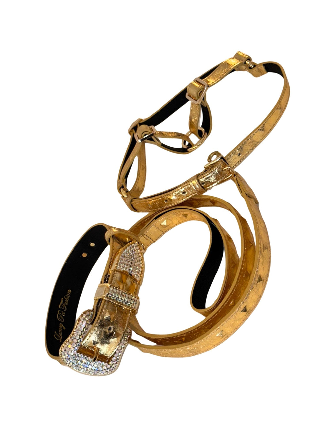 Glam Gold Embossed Studded Italian Leather Collar, Leash &amp; Harness Set With Our Custom Swarovski Crystal Buckle