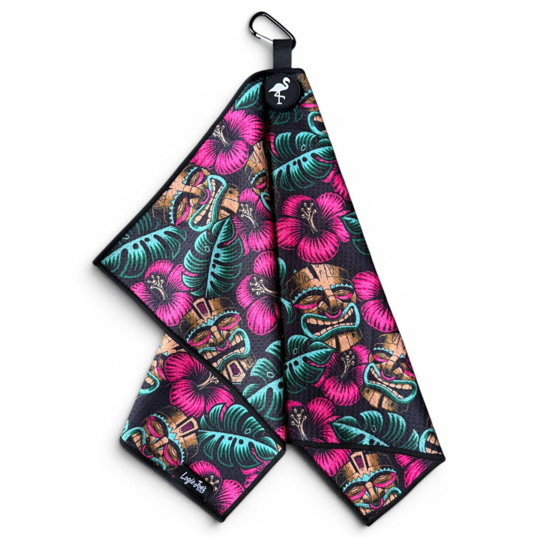 Tiki Totem Golf Towel | 24” x 16” Microfiber Towel | Magnetic Clip &amp; Carabiner | Premium Golf Accessory
