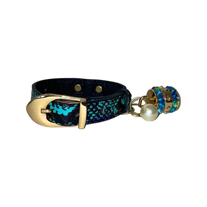 XS 7”-14” Multi-Tone Turquoise, Blqck &amp; Purple Custom Snake Collar/Custom Gold Italian Hardware. Swarovski Crystal Charm &amp; Pearl