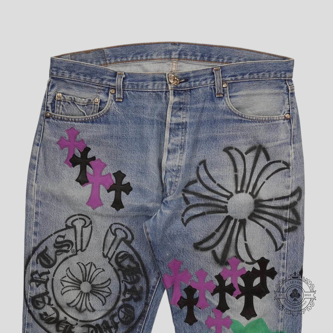 Chrome Hearts Stencil Cross Patch Jeans featuring unique cross patches and luxury denim design.