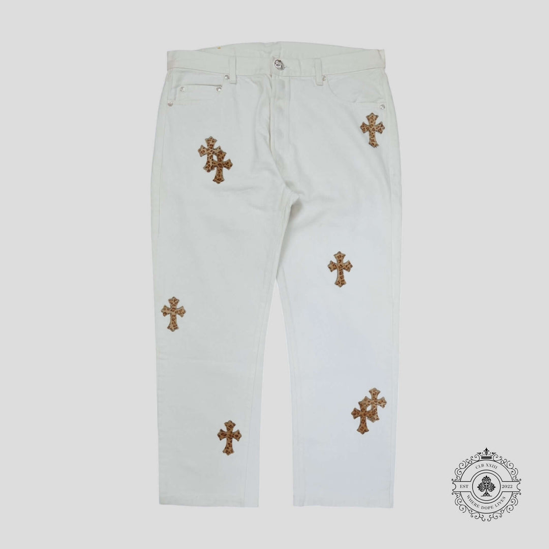 Chrome Hearts Levis Cross Patch Jeans in White / Leopard featuring luxury design and authentic cross patch.