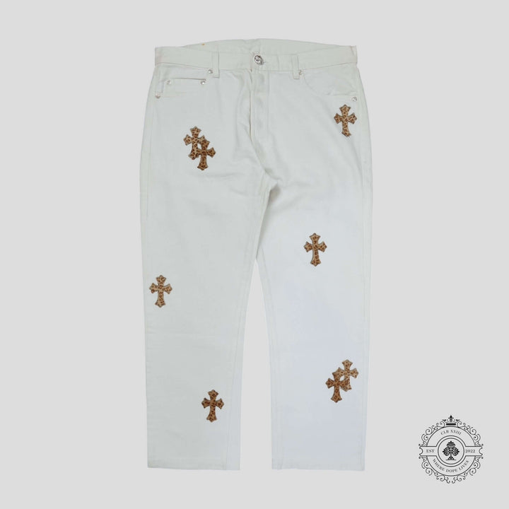 Chrome Hearts Levis Cross Patch Jeans in White / Leopard featuring luxury design and authentic cross patch.