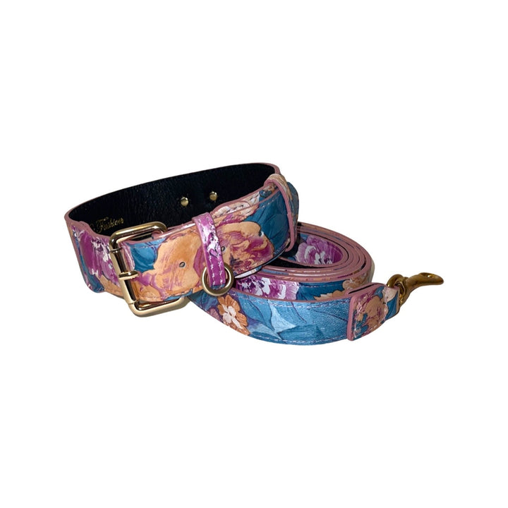 Floral Print Italian Leather Classic Collar &amp; Leash Set