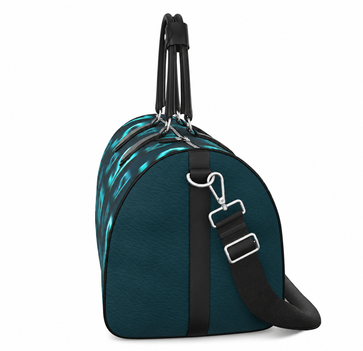 S7 Electric Lagoon bag featuring dimensional turquoise monograms, midnight teal side panels, and nickel-tone hardware.