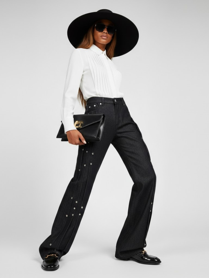 Elegant Wide-Leg Denim Trousers with Paneling and Stud Details • BYMANYC ® New York
