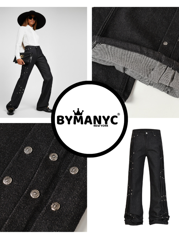 Elegant Wide-Leg Denim Trousers with Paneling and Stud Details • BYMANYC ® New York