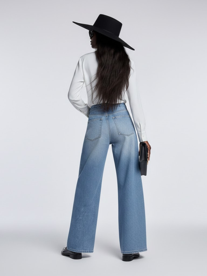Elegant Wide-Leg Denim Trousers with Structural Paneling • BYMANYC ® New York