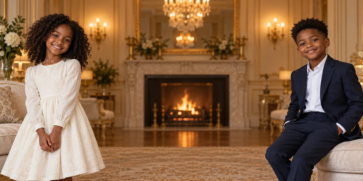 Black girl in an ivory dress and Black boy in a navy suit smiling beside a fireplace in an elegant interior.