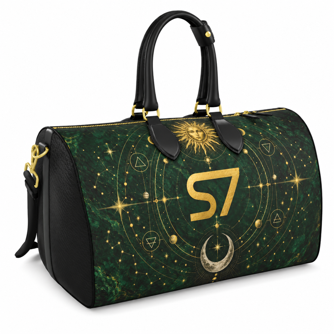 S7 Emerald Tablet bag featuring a gold S7 monogram, celestial sun and crescent moon artwork, and a deep emerald stone-effect background.