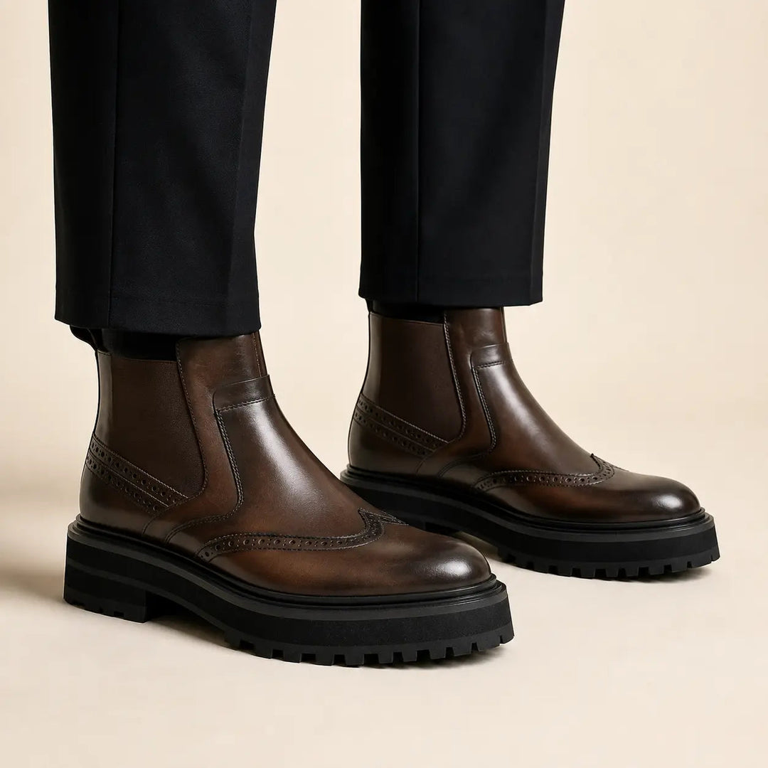 Brown Brogue Leather Chelsea Boots