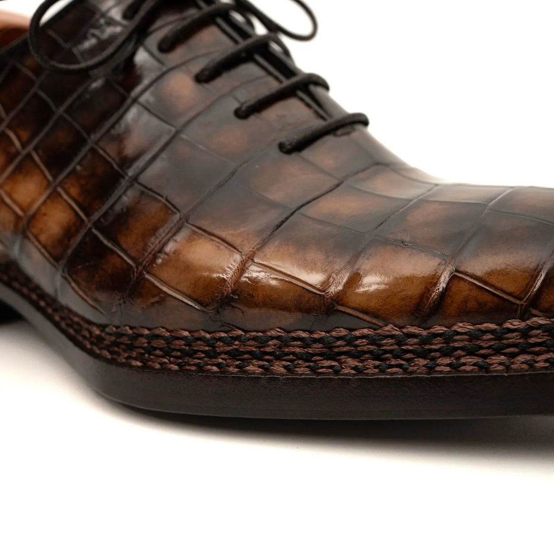 Brown Crocodile Leather Oxford Shoes