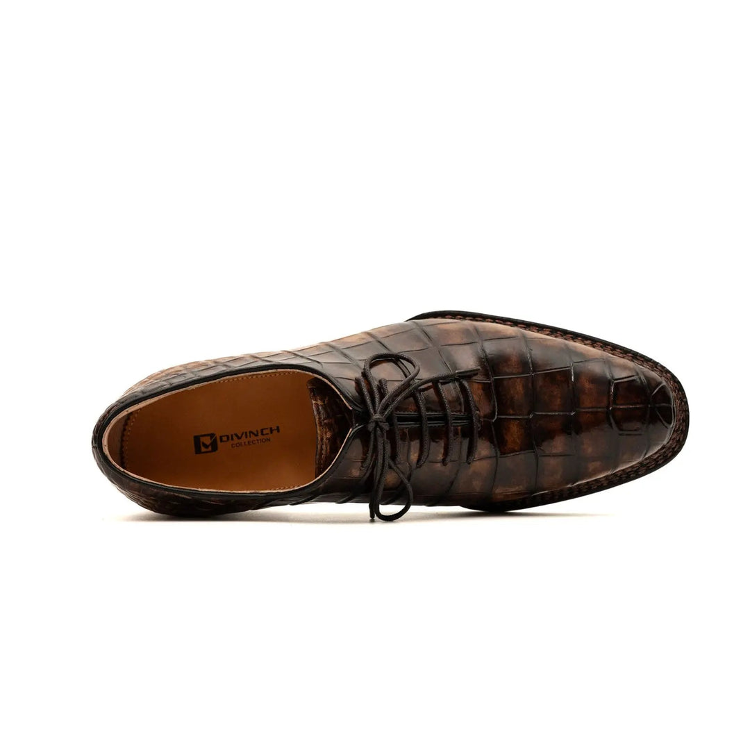 Brown Crocodile Leather Oxford Shoes