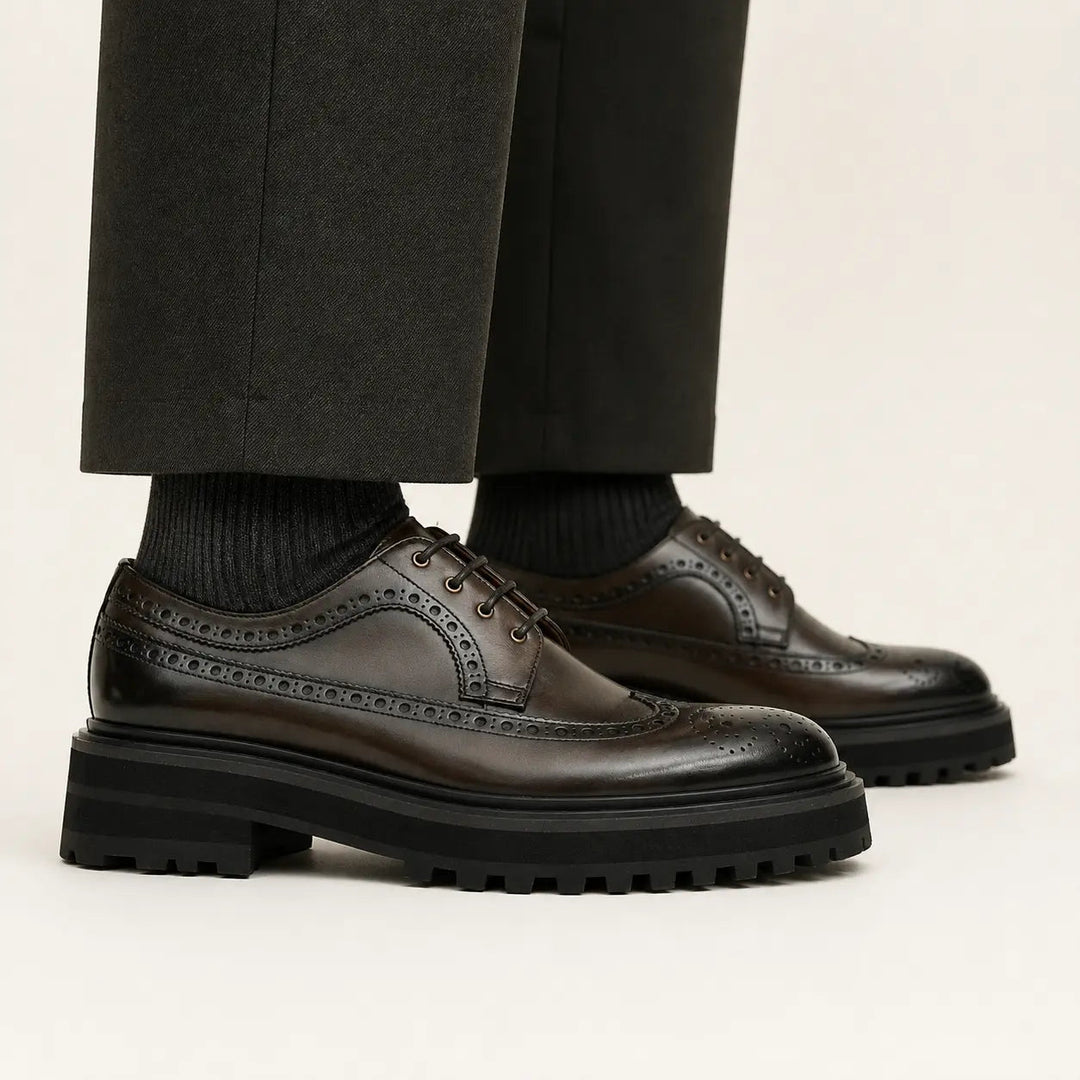 Handmade Chunky - sole Brogue Shoes Coffee