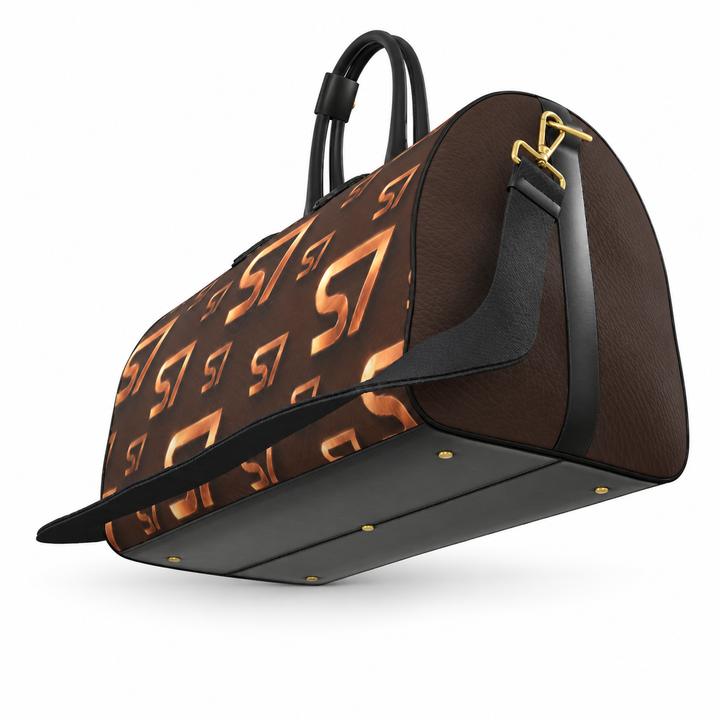 S7 Molten Copper bag with dimensional copper monogram print, espresso brown side panels, and gold-tone hardware.
