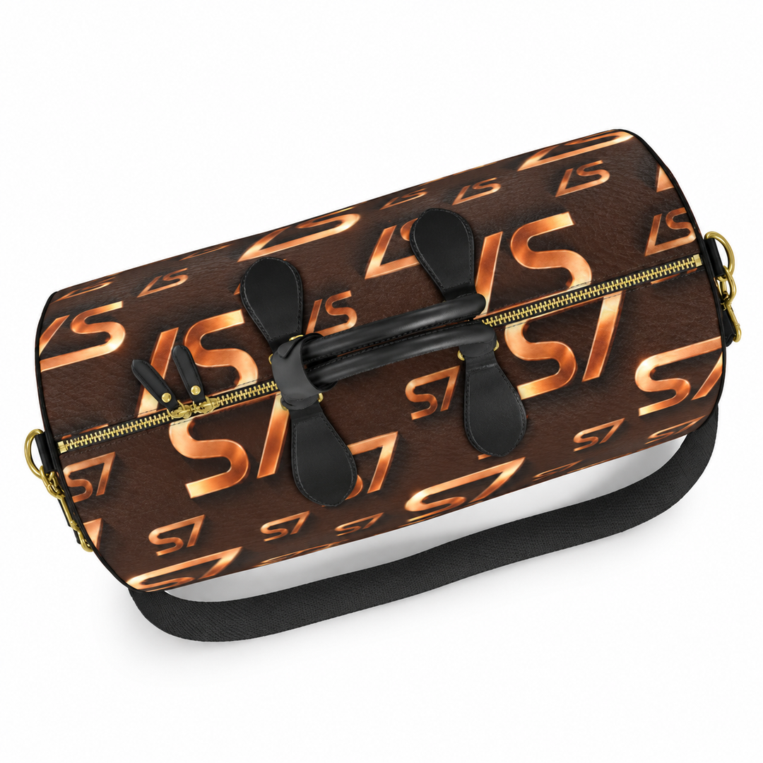S7 Molten Copper bag with dimensional copper monogram print, espresso brown side panels, and gold-tone hardware.