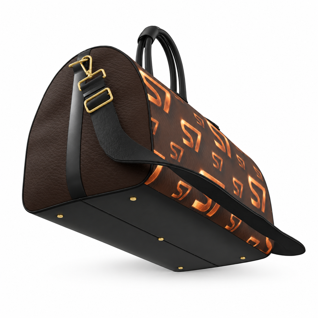 S7 Molten Copper bag with dimensional copper monogram print, espresso brown side panels, and gold-tone hardware.