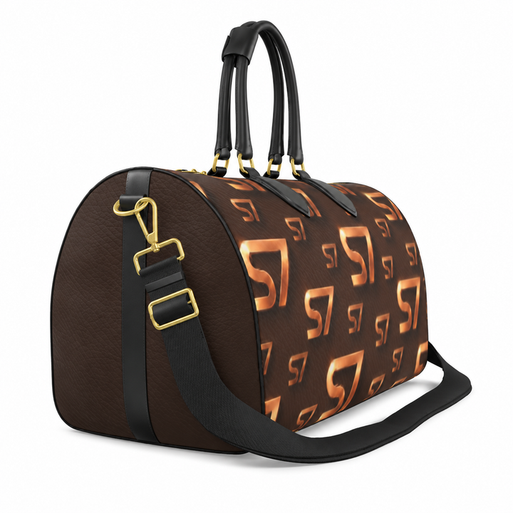 S7 Molten Copper bag with dimensional copper monogram print, espresso brown side panels, and gold-tone hardware.