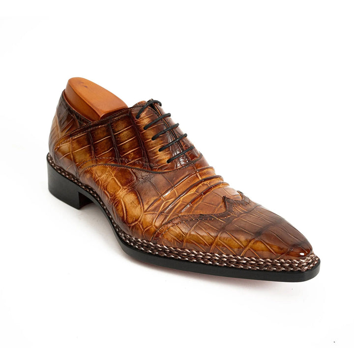 Brown Square-Toe Crocodile Leather Oxford Shoes