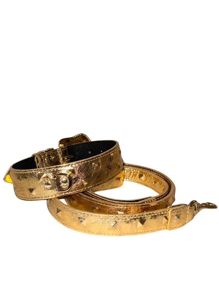 Glam Gold Embossed Studded Italian Leather Collar &amp; Leash Set With Our Custom Swarovski Crystal Buckle