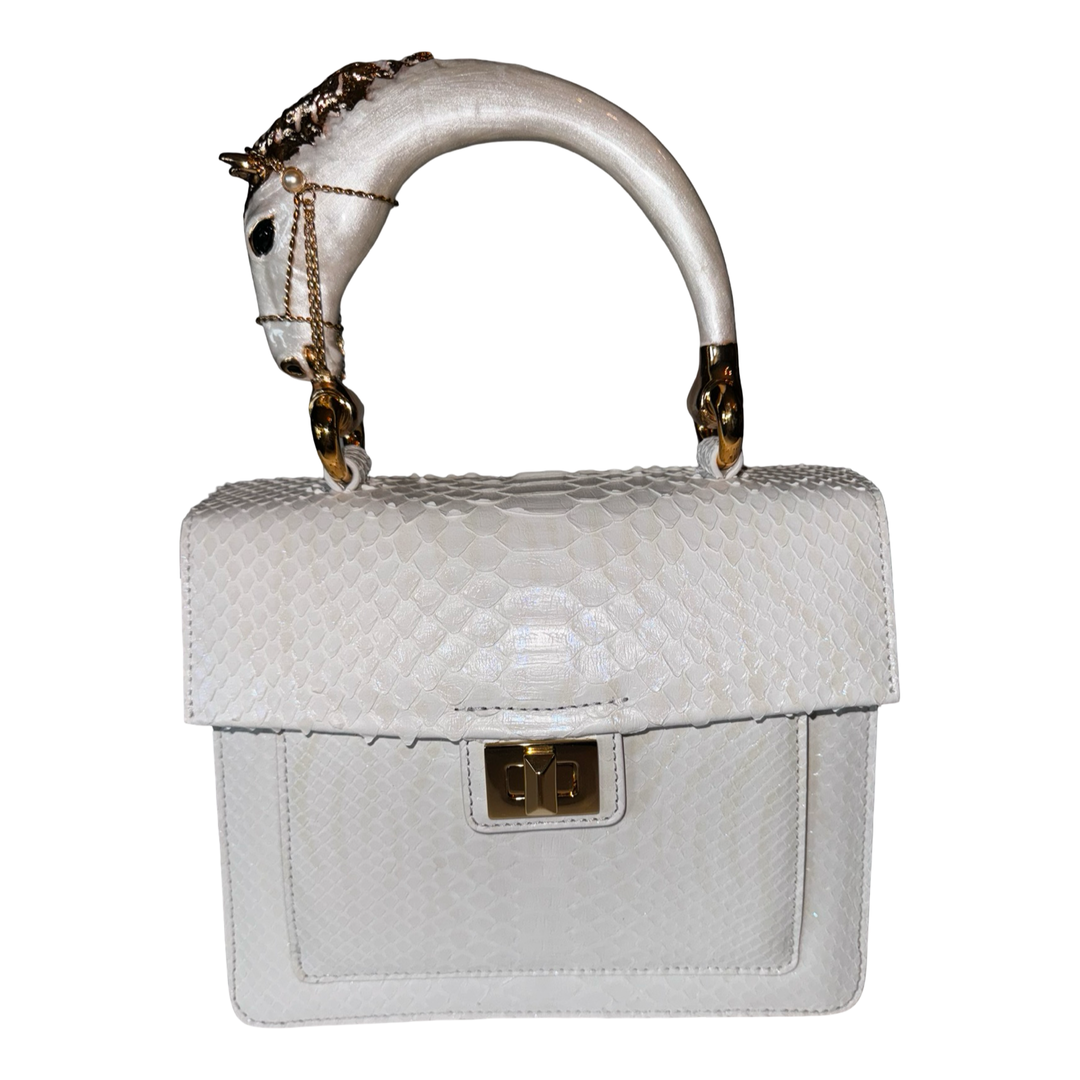 Cosmo Horse Handle Handbag In Iridescent White Python
